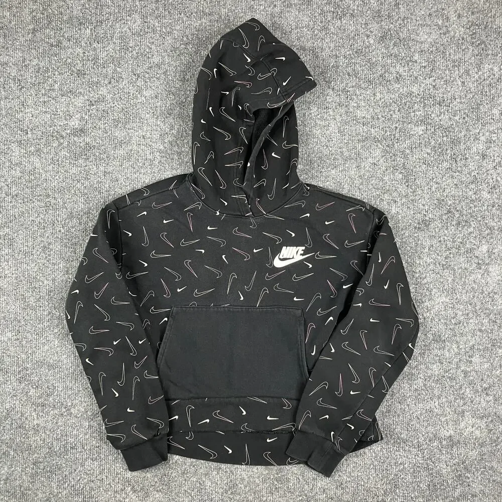 Nike Hoodie Girls Large Black‎ Pullover Swoosh Print Athletic Sweatshirt